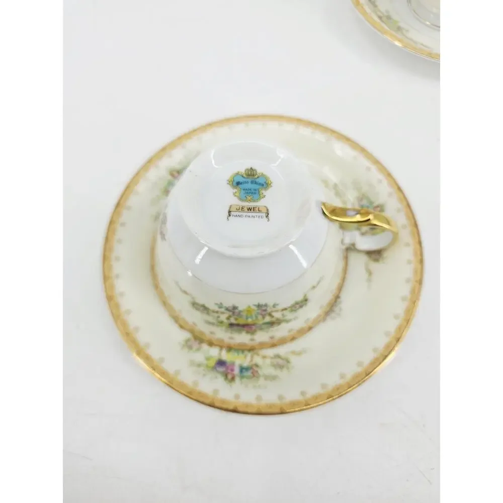 Meito Jewel Floral & Gold Pattern Set Of 2 Cups & Saucers & Creamer Japan